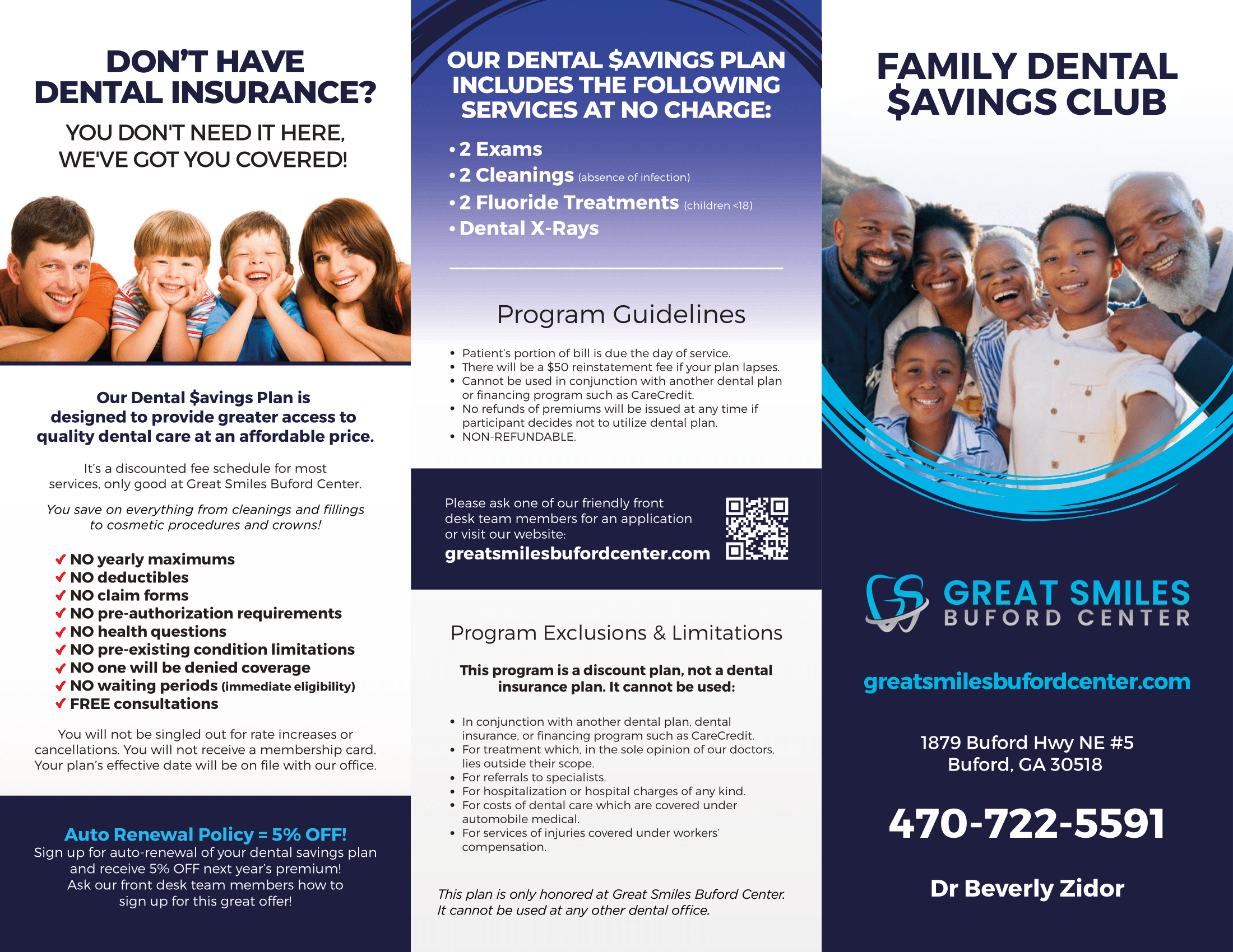 Dental savings plan flyer showing family benefits and coverage details at Great Smiles Buford Center in Buford GA